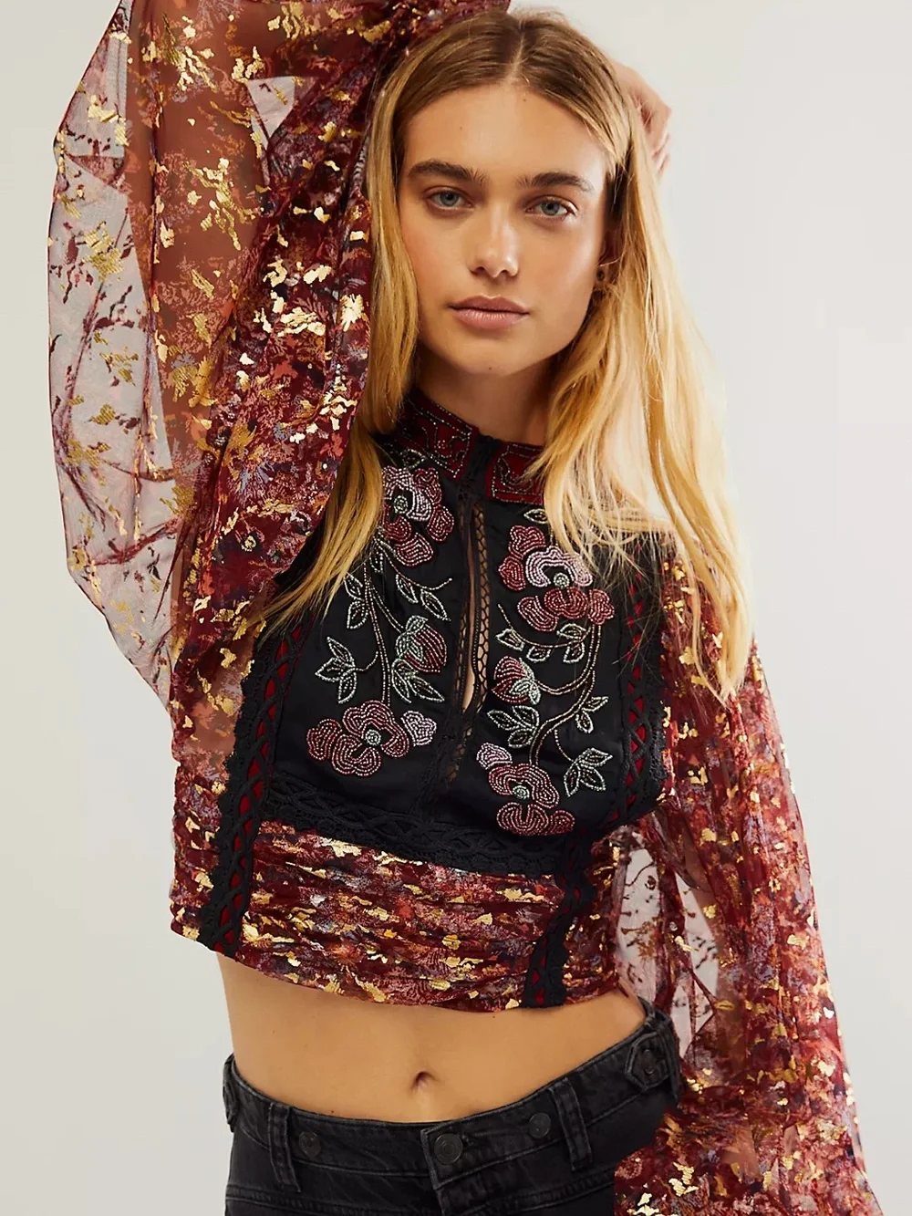 Free People Anthropologie Camille Beaded Crop Top
